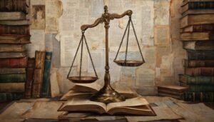 balanza justicia y documentos legales antiguos