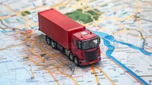 camion de carga en ruta junto a mapa