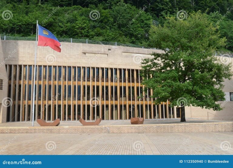 edificio gubernamental moderno con bandera nacional