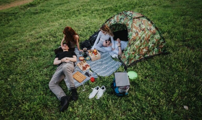 familia disfrutando picnic campo abierto verde