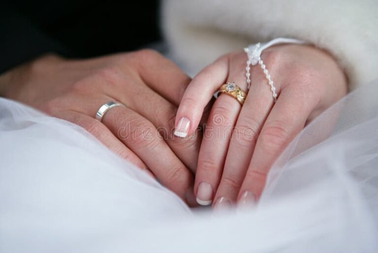 manos entrelazadas con anillos de boda