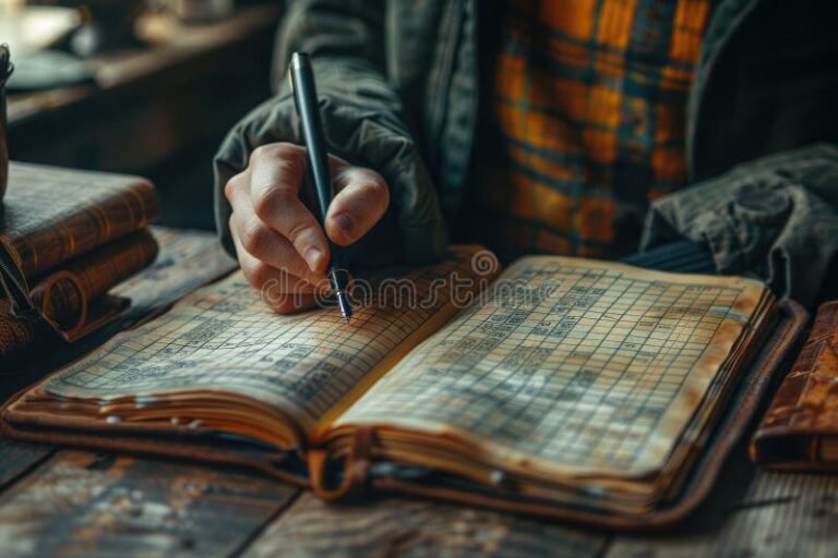 manos escribiendo en cuaderno vintage