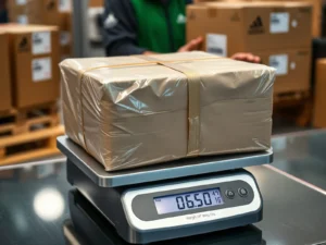 paquete con etiqueta de peso en balanza