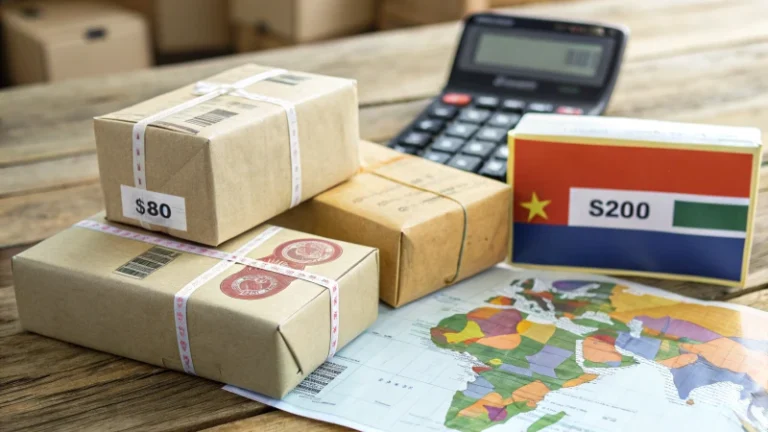 paquete con etiquetas de envio y calculadora