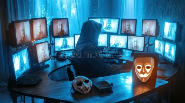 persona con mascara digital frente a computadora