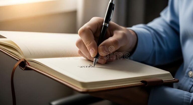 Cómo hacer un descargo por escrito efectivo y claro 3 persona escribiendo en un cuaderno con pluma