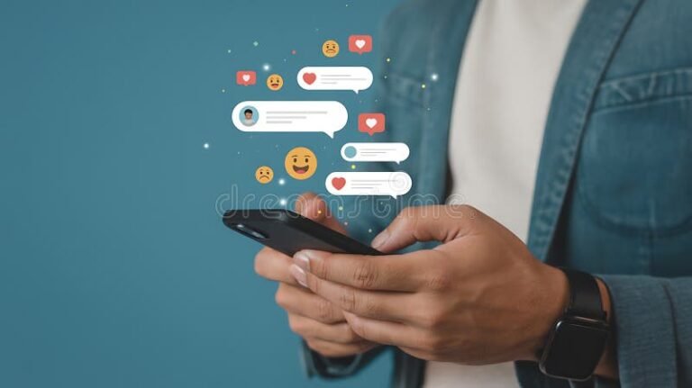 persona mirando celular con iconos sociales