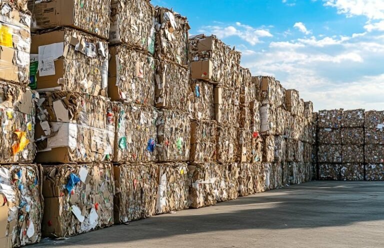 pilas de carton reciclado apiladas al aire libre