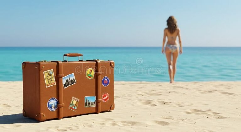 playa y maleta sobre arena soleada