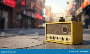 radio antigua con antena en ciudad urbana