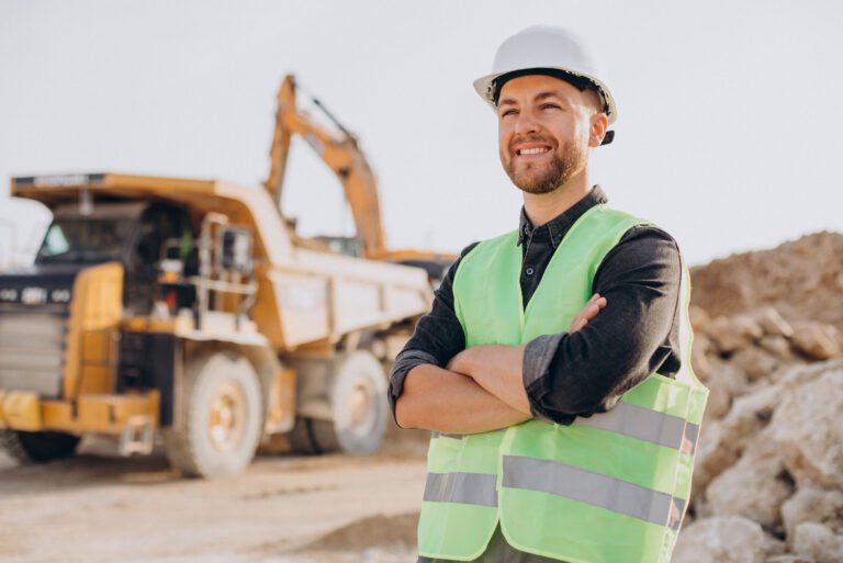 trabajador con casco y chaleco de seguridad