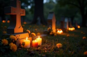 velas encendidas y flores sobre tumba tranquila